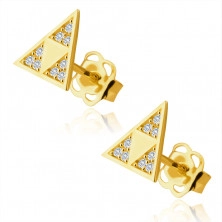 Zlaté 585 náušnice - lesklý trojúhelník se třemi menšími trojúhelníky ve výřezu, drobné zirkony