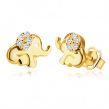 Náušnice ve žlutém 14K zlatě - sedící slon s chobotem, ucho ozdobené kulatými zirkony