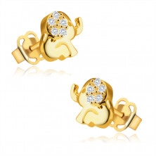 Náušnice ve žlutém 14K zlatě - sedící slon s chobotem, ucho ozdobené kulatými zirkony