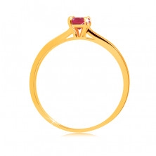 Prsten ze žlutého 14K zlata - zářivý kulatý rubín v kotlíku, zirkonové proužky 