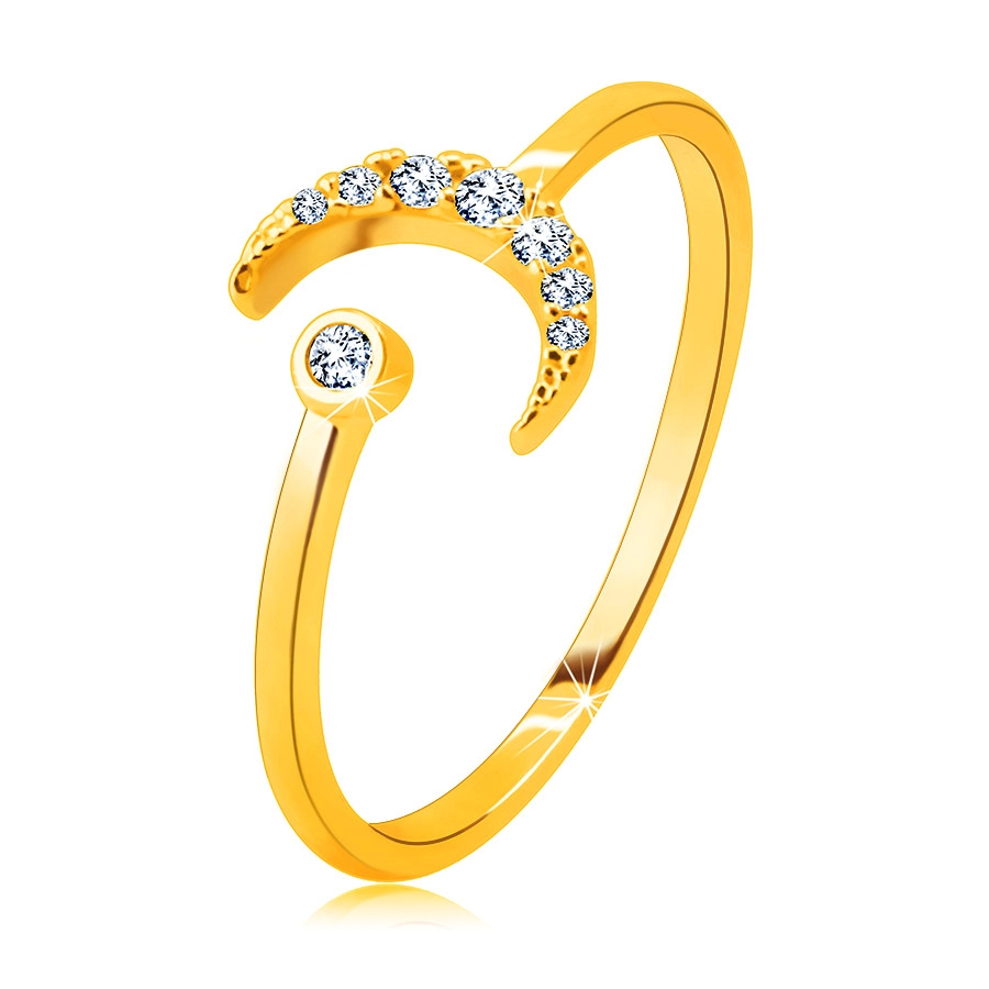 Prsten ze 14K zlata - měsíc ozdobený zirkony, kulatý zirkon v objímce, otevřená ramena - Velikost: 58