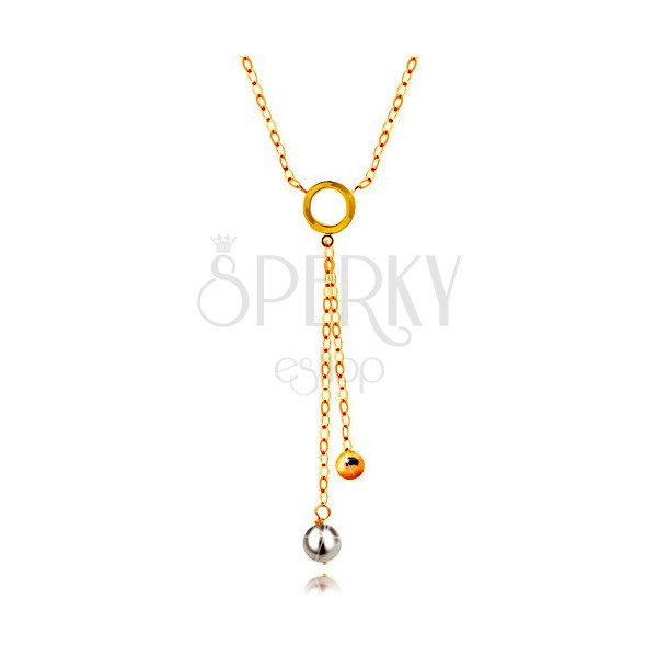 Zlatý 14K náhrdelník - bílá perla a lesklá kulička na řetízcích, plochý kroužek