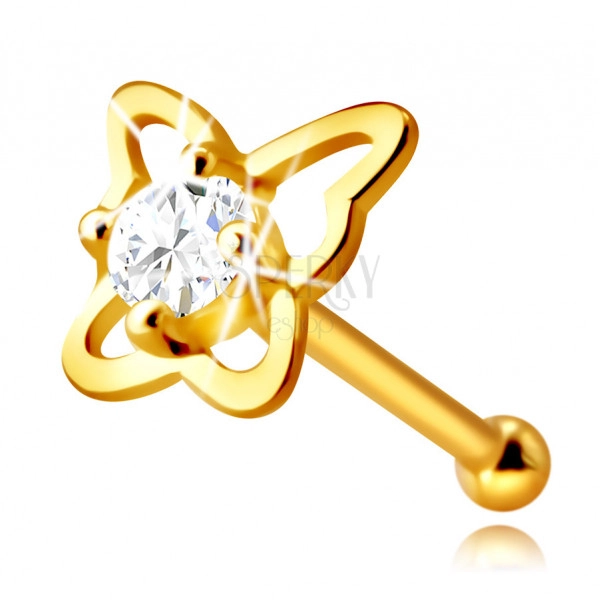 Zlatý piercing do nosu ze 14K zlata - kontura motýla s kulatým zirkonem čiré barvy, 2,25 mm