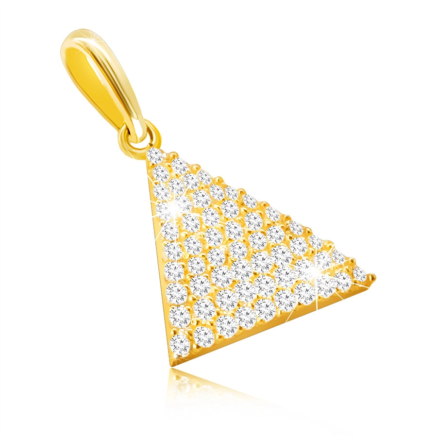 Zlatý 14K přívěsek - rovnoramenný trojúhelník, drobné kulaté zirkony, oválné očko