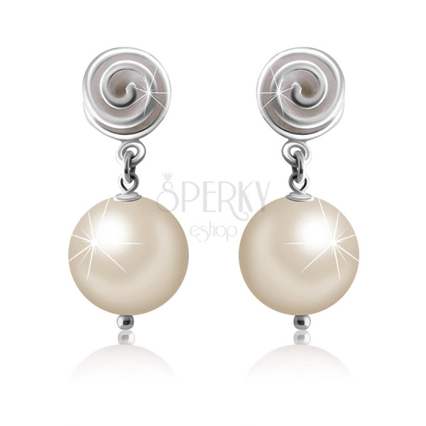 Puzetové stříbrné 925 náušnice - linie spirály, kulička v barvě perleti
