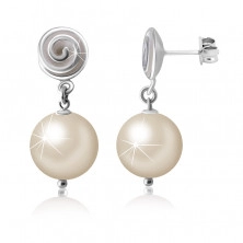 Puzetové stříbrné 925 náušnice - linie spirály, kulička v barvě perleti