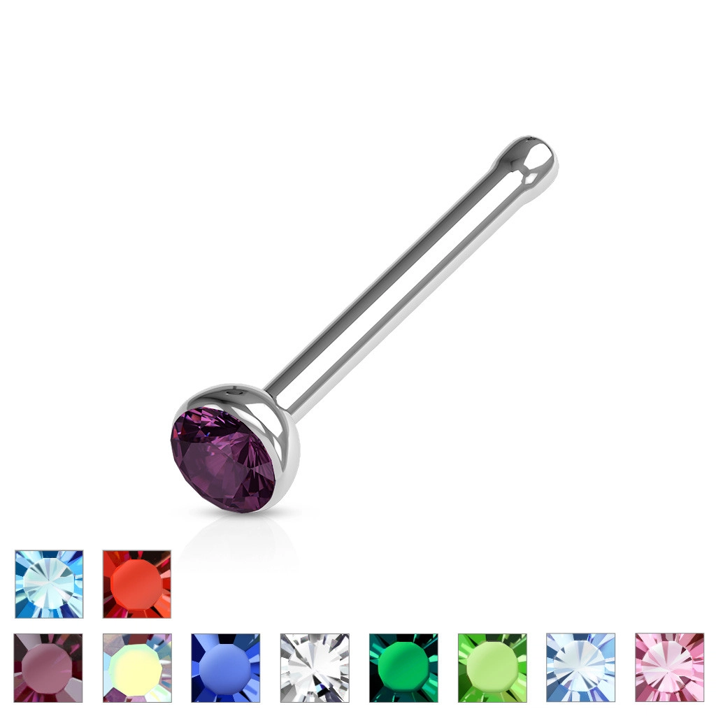 Rovný piercing do nosu z 316L oceli - barevný krystal v objímce, 1 mm - Barva zirkonu: Fialová - A