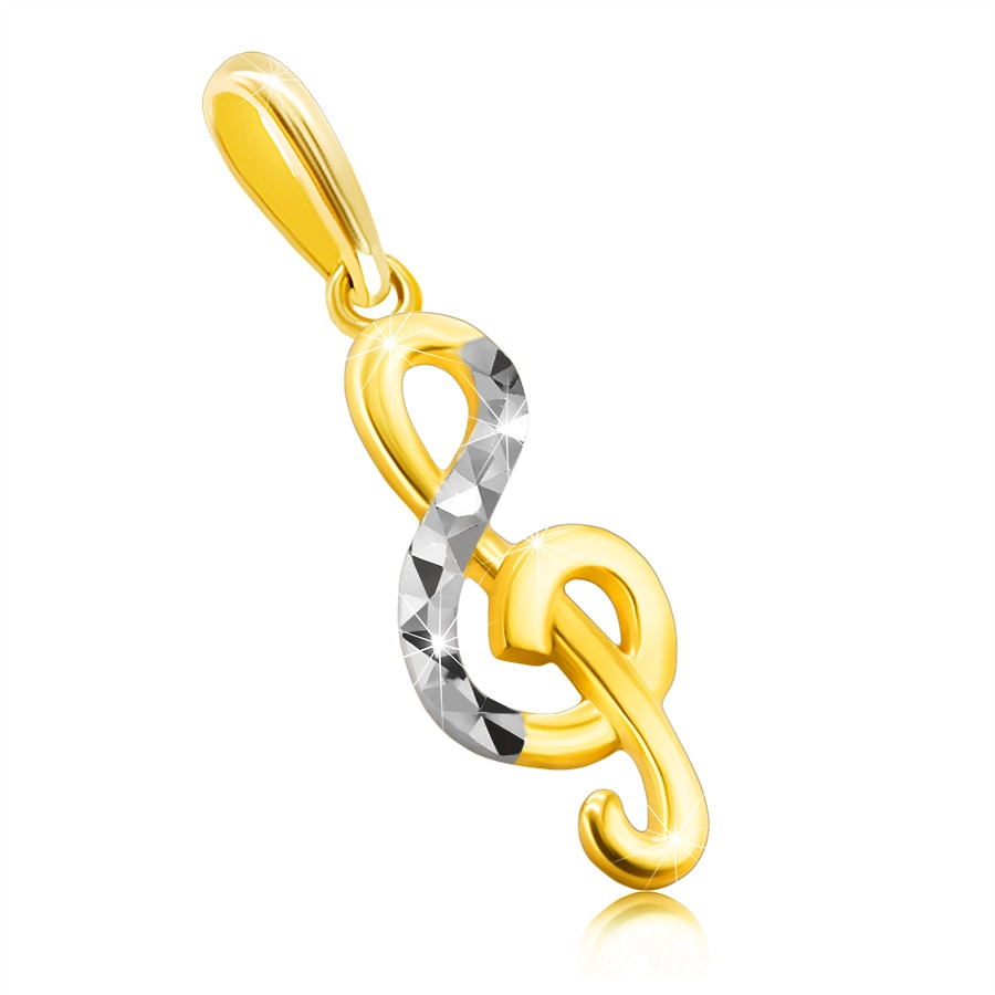 Zlatý přívěsek z kombinovaného 14K zlata - houslový klíč, proužek s trojúhelníkovým řezem