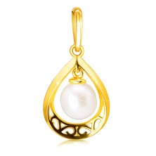 Přívěsek ze 14K žlutého zlata - kontura slzy s výřezem ve tvaru ornamentů, perla bílé barvy