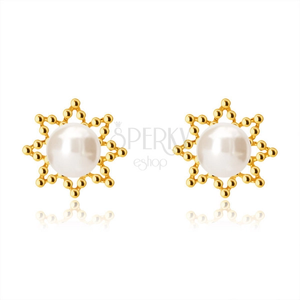 Zlaté 14K náušnice - obrys osmicípé hvězdičky, kulatá sladkovodní perla, puzetky