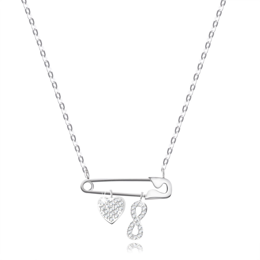 Stříbrný 925 náhrdelník - spínací špendlík s přívěsky ve tvaru srdce a vzor Infinity, čiré zirkony