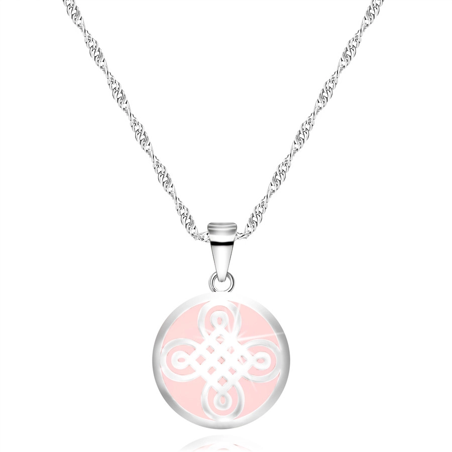 Stříbrný 925 náhrdelník - přívěsek ve tvaru kruhu, keltský motiv, růžový podklad