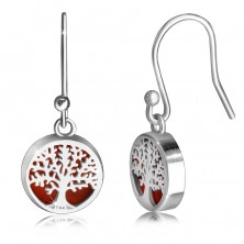 Visací stříbrné 925 náušnice - hladký kroužek, strom života na červeném podkladu
