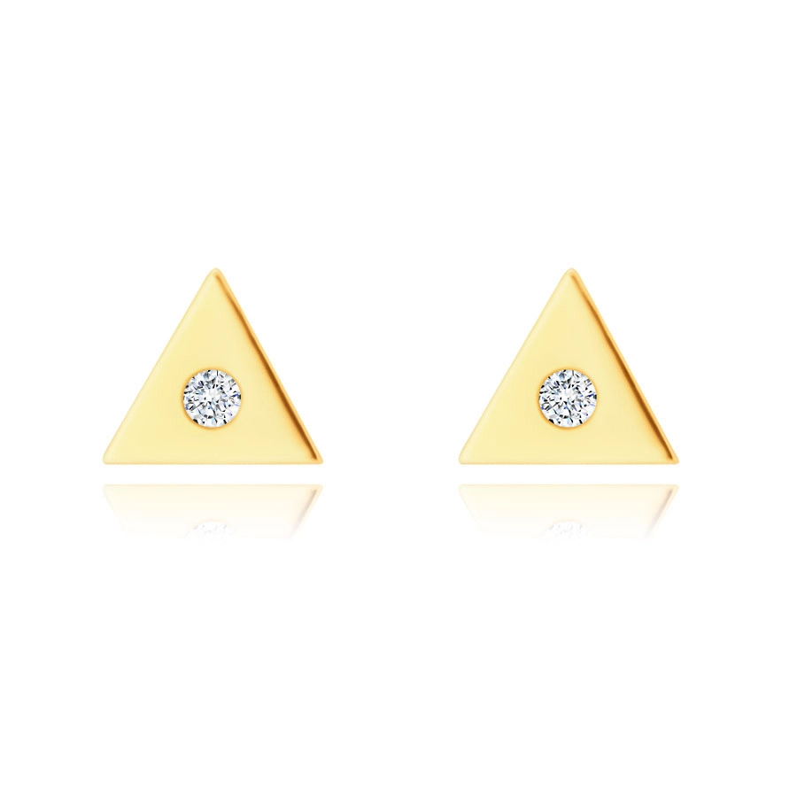 Zlaté 14K náušnice - malý trojúholník s čirým zirkonem uprostřed, puzetky