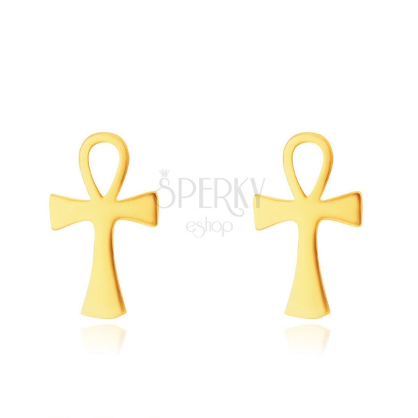 Zlaté 14K náušnice - Anch, vzor nilského kříže, puzetové zapínání