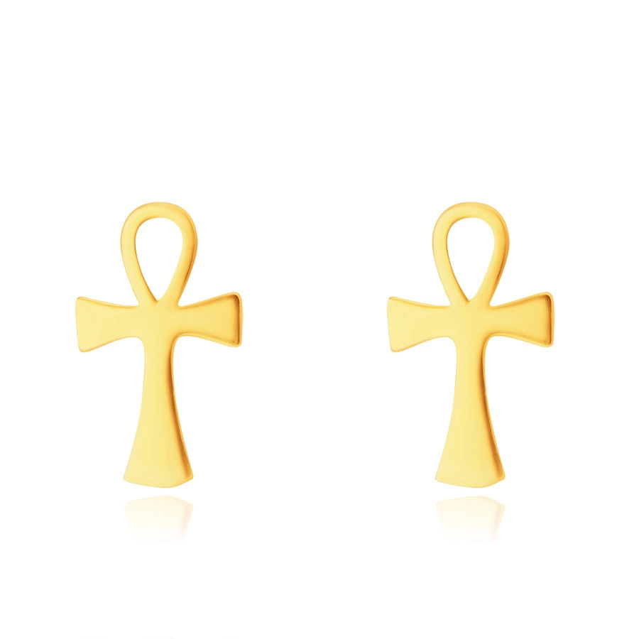 Zlaté 14K náušnice - Anch, vzor nilského kříže, puzetové zapínání