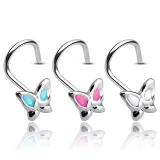 Piercing do nosu ze stříbra 925 - motýlek s glazovanými křidélky - Barva piercing: Růžová