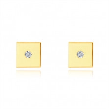 Zlaté 14K náušnice - hladký lesklý čtvereček, drobný kulatý zirkon, puzetové zapínání