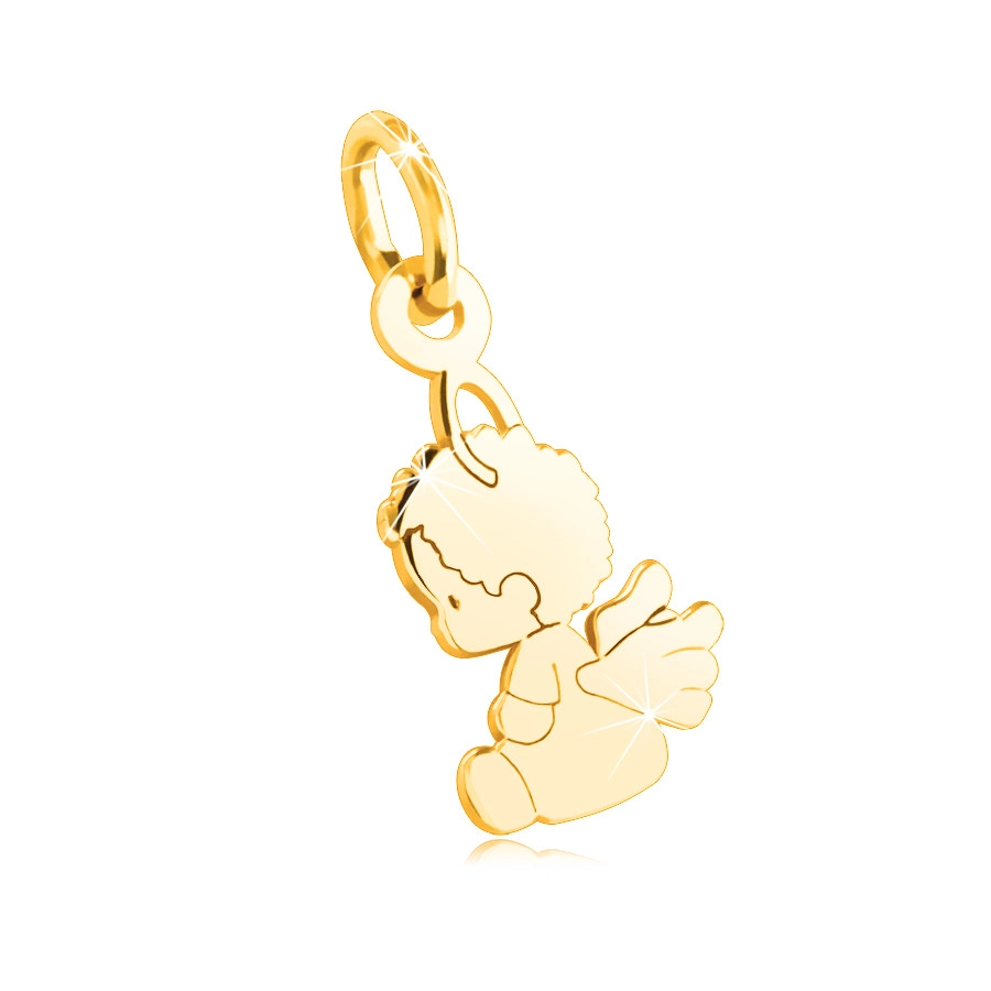 Zlatý 14K přívěsek - sedící andílek s křídly, hladký, zrcadlově lesklý povrch