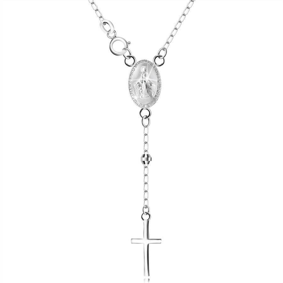 Stříbrný 925 náhrdelník - medailon s Pannou Marií a křížem, řetízek s korálky