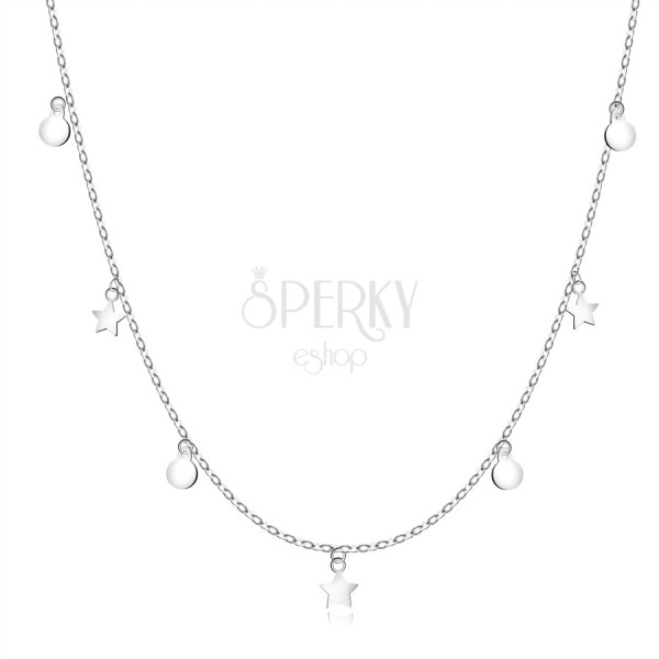 Dlouhý stříbrný 925 náhrdelník - tenký řetízek, hvězdičky, kolečka, perový kroužek