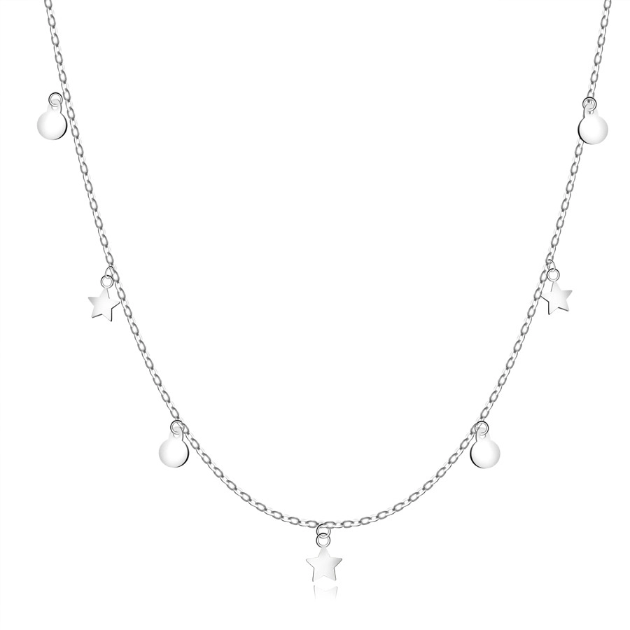 Levně Dlouhý stříbrný 925 náhrdelník - tenký řetízek, hvězdičky, kolečka, perový kroužek