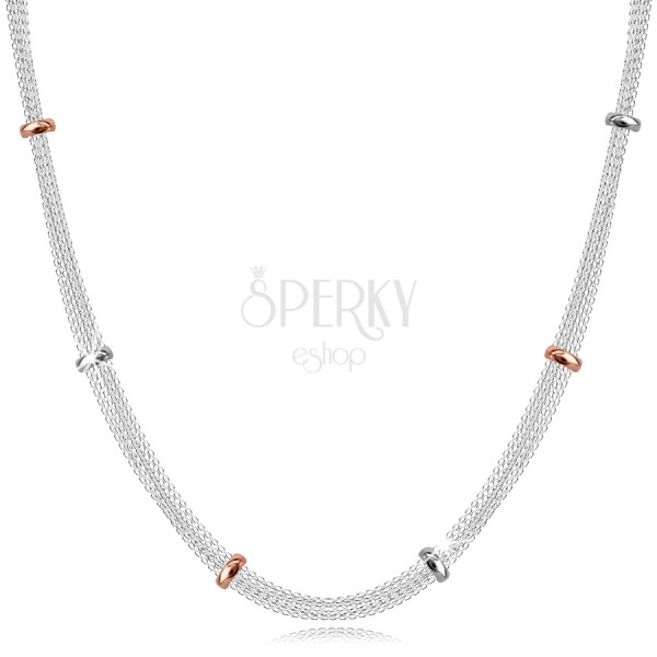 Stříbrný 952 náhrdelník - řetízky bodově pospojované stříbrnými a růžovozlatými korálky