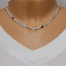 Stříbrný 952 náhrdelník - řetízky bodově pospojované stříbrnými a růžovozlatými korálky
