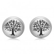 Stříbrné 925 náušnice - hladký kroužek, černý strom života, puzetové zapínání