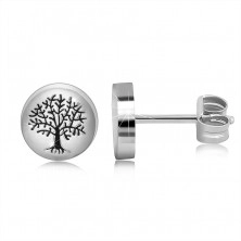 Stříbrné 925 náušnice - hladký kroužek, černý strom života, puzetové zapínání