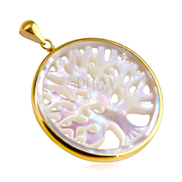 Zlatý 9K přívěsek - velký hladký kruh, strom života, perleť, duhové odlesky