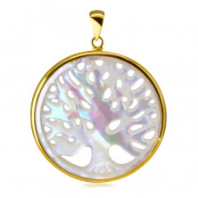 Zlatý 9K přívěsek - velký hladký kruh, strom života, perleť, duhové odlesky