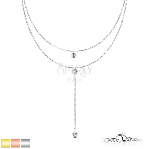 Dvojitý náhrdelník z chirurgické oceli - čiré krystalky v objímkách, PVD, karabinka