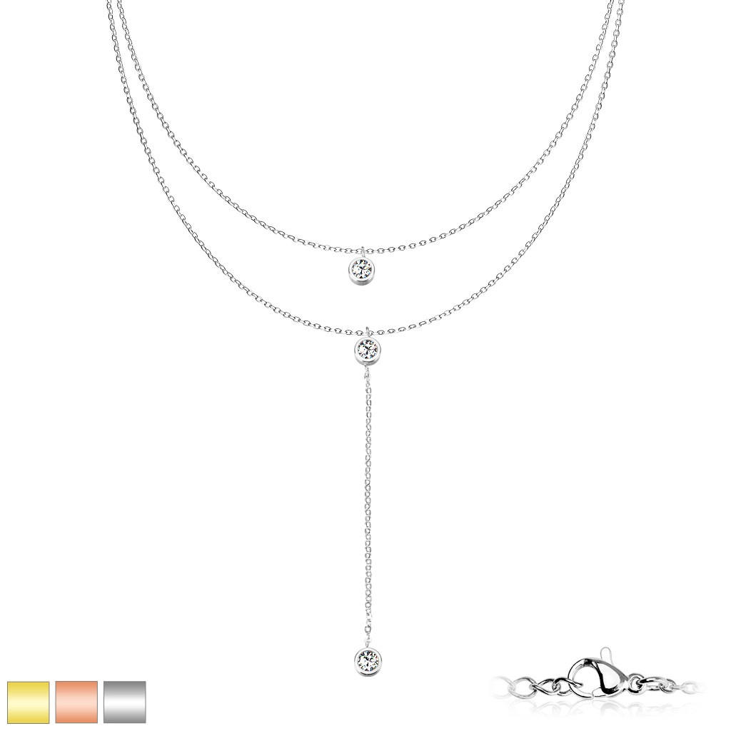 Dvojitý náhrdelník z chirurgické oceli - čiré krystalky v objímkách, PVD, karabinka - Barva: Měděná