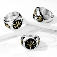 Mohutný ocelový 316L prsten - marihuanové listy v kruzích s glazurou