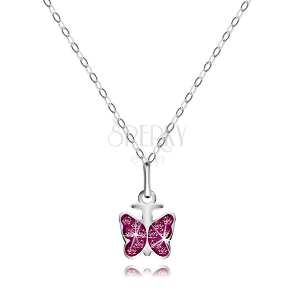 Stříbrný 925 náhrdelník - lesklý řetízek, motýlek, kulaté růžové zirkony
