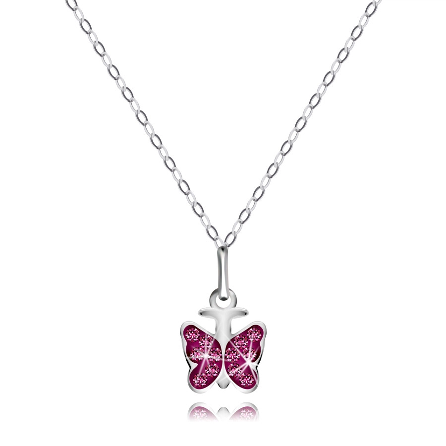 Stříbrný 925 náhrdelník - lesklý řetízek, motýlek, kulaté růžové zirkony