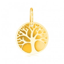 Přívěsek ze žlutého 14K zlata - kulatý hladký podklad, obrys stromu života