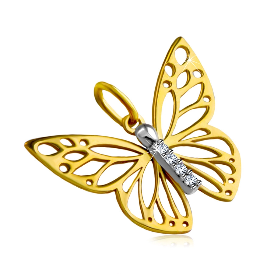 Levně Přívěsek z kombinovaného 14K zlata - motýlí křídla s výřezy, krátká zirkonová linie
