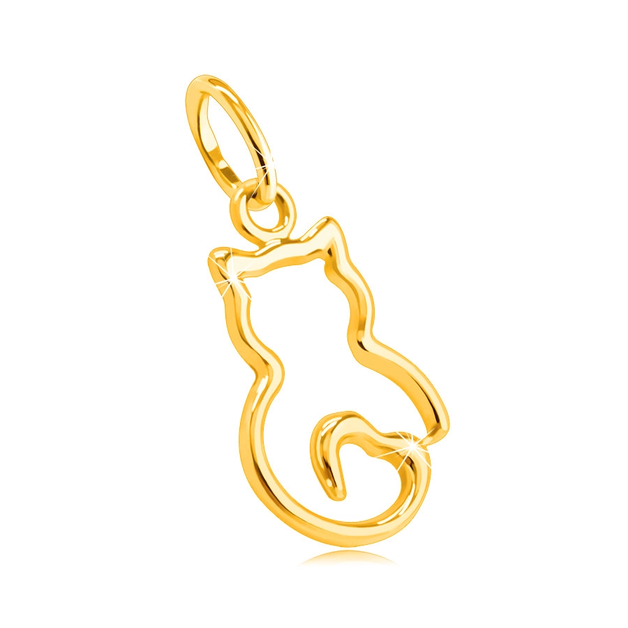 Přívěsek ze žlutého 14K zlata - tenký obrys kočičky s ocáskem ve tvaru srdce
