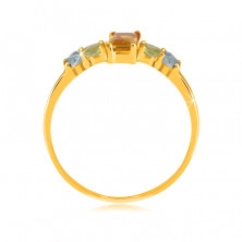 Prsten ze žlutého 14K zlata - hranatý citrín, okrouhlý olivín a švýcarský topas