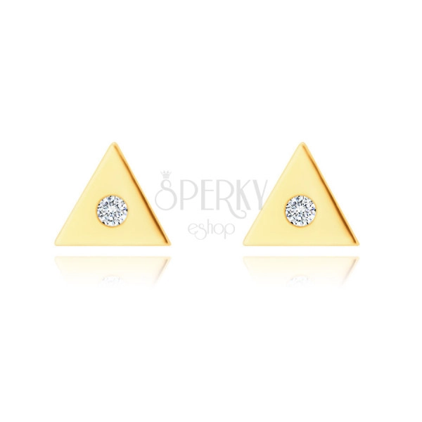 Diamantové 14K náušnice ze žlutého zlata - malý trojúhelník s čirým briliantem