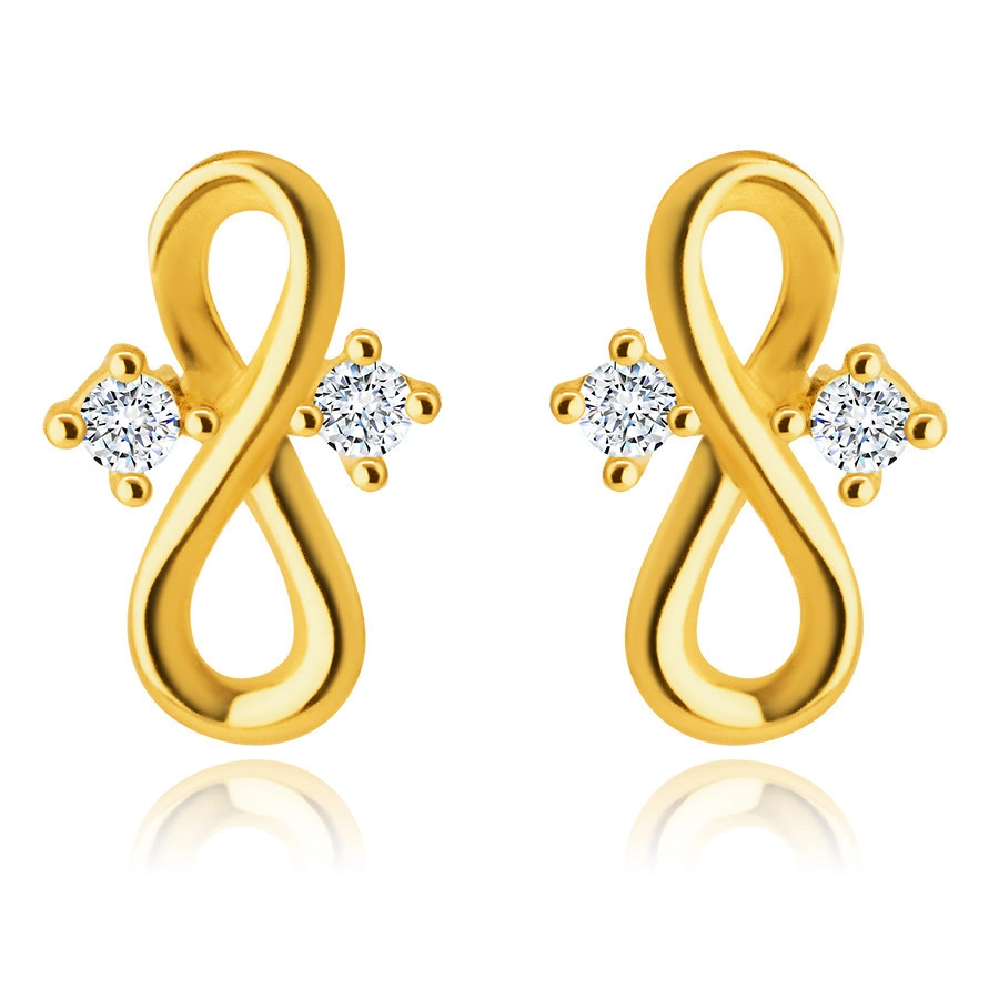 Levně Diamantové náušnice ve žlutém 14K zlatě - symbol nekonečna, čiré brilianty