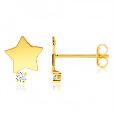 Diamantové náušnice v 9K žlutém zlatě - hvězdička s čirým briliantem, puzety