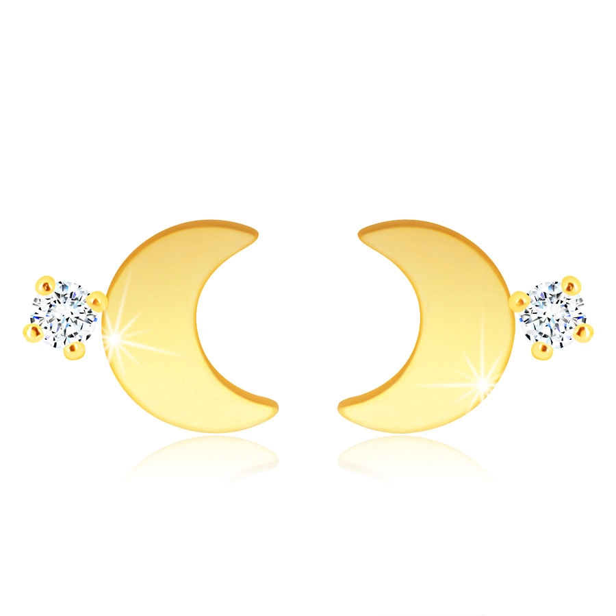 Levně Diamantové náušnice ze 14K zlata - lesklý hladký měsíček, čirý briliant, puzety