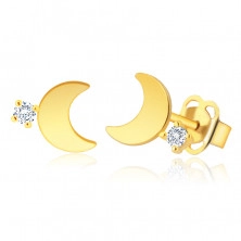 Diamantové náušnice ze 14K zlata - lesklý hladký měsíček, čirý briliant, puzety