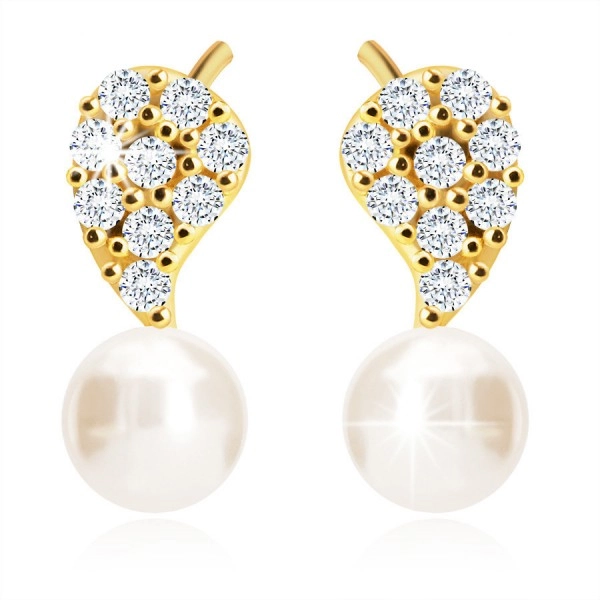 Diamantové náušnice ze 14K zlata - motiv listu, čiré brilianty, sladkovodní bílá perla