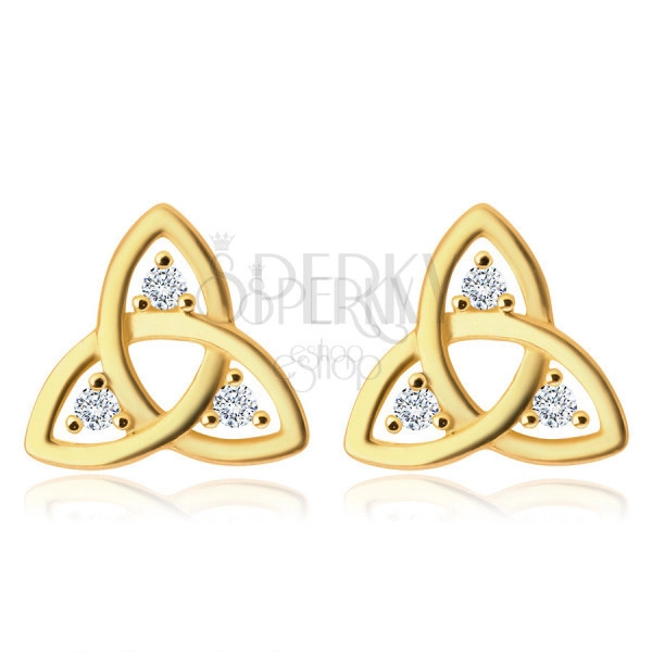 Diamantové náušnice ze 14K zlata - symbol Triquetra, čiré brilianty, puzetky