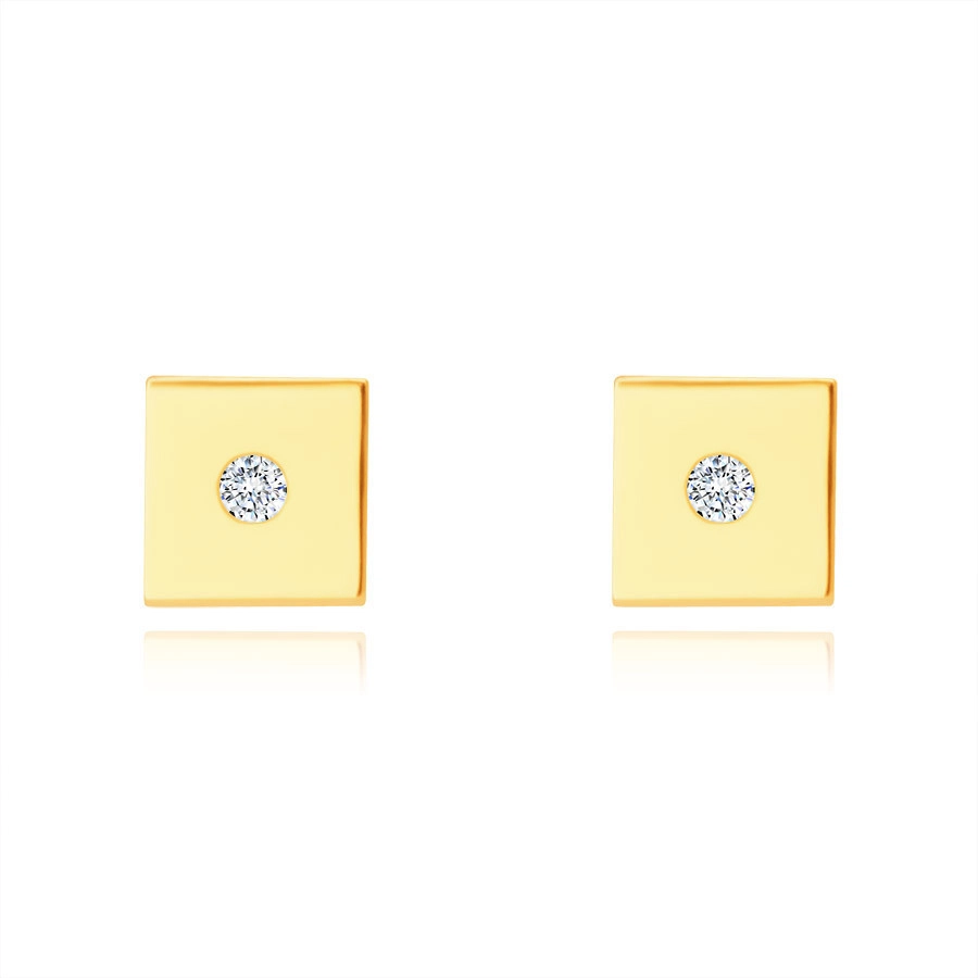 Diamantové náušnice ze 14K žlutého zlata - hladký lesklý čtvereček, drobný briliant