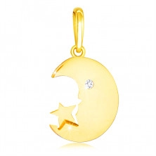 Diamantový přívěsek ve žlutém 9K zlatě - měsíček s briliantovým očkem, hvězdička